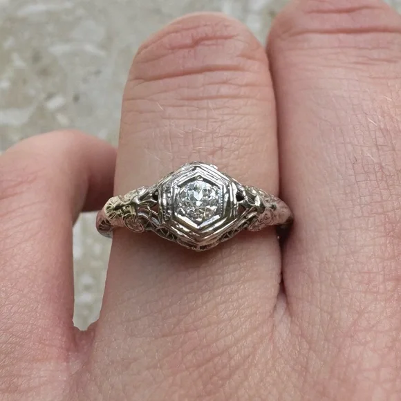 Antique Filigree 14k White Gold Old Mine Cut Diamond Engagement Ring - Picture 6 of 16
